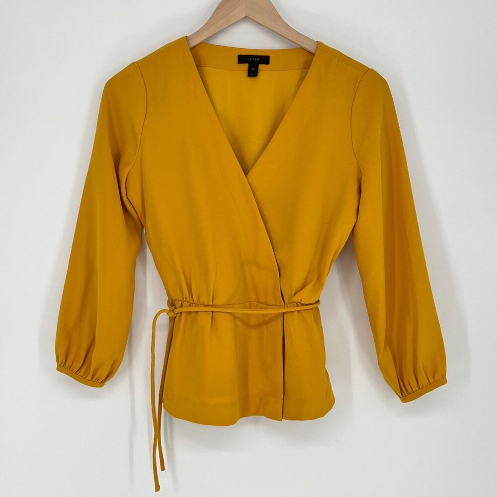 J. Crew Womens Tie Waist Wrap Blouse Top Size O P Mustard Yellow V Neck Office